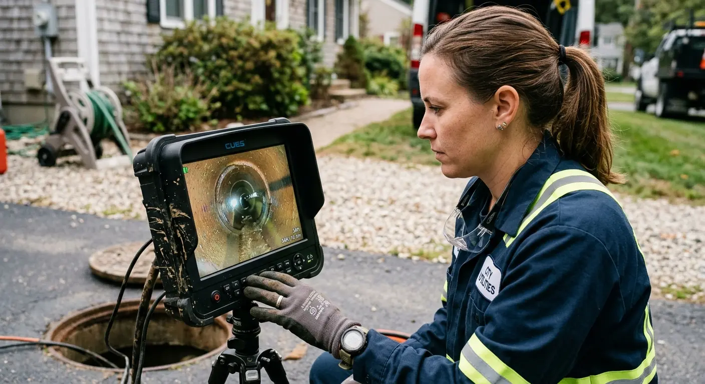 Technician reviewing sewer camera inspection footage in Maumelle