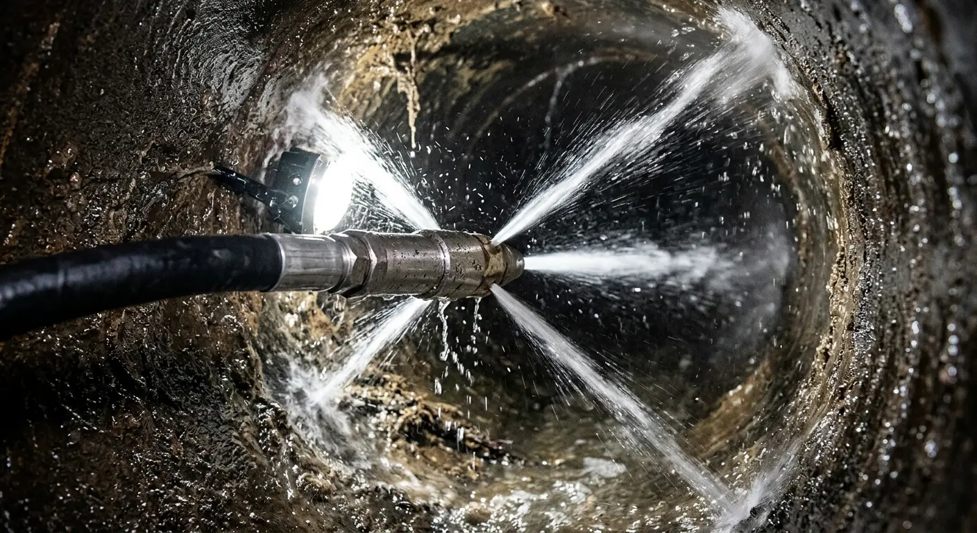 High-pressure hydro jetting nozzle cleaning sewer pipe for Sewer Cleanout in Maumelle