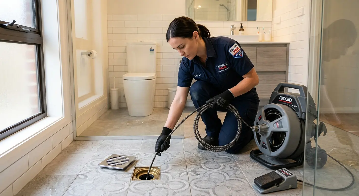 Technician clearing a bathroom floor drain for Sewer Line Installation in Maumelle